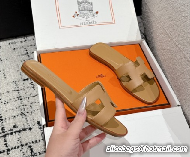 Popular Style Hermes Classic Oran Flat Slides Sandal in Shiny Calfskin Light Brown 0606116