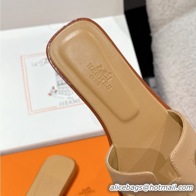 Popular Style Hermes Classic Oran Flat Slides Sandal in Shiny Calfskin Light Brown 0606116