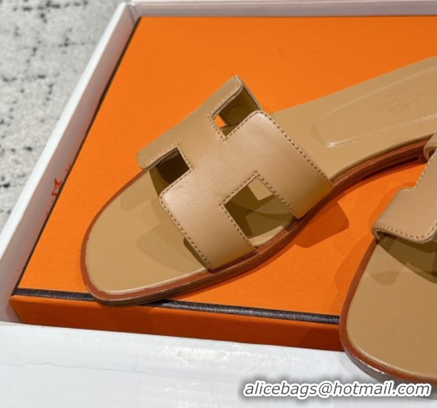 Popular Style Hermes Classic Oran Flat Slides Sandal in Shiny Calfskin Light Brown 0606116