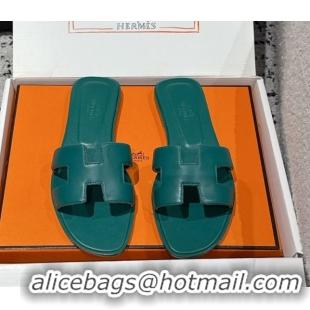 Good Looking Hermes Classic Oran Flat Slides Sandal in Shiny Calfskin Green 0606118