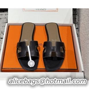 Durable Hermes Classic Oran Flat Slides Sandal in Shiny Calfskin Black 0606120