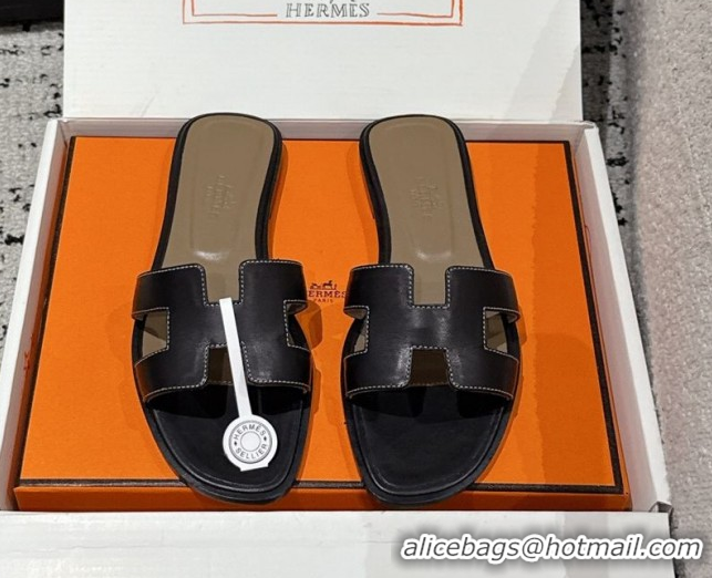 Durable Hermes Classic Oran Flat Slides Sandal in Shiny Calfskin Black 0606120