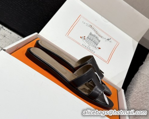 Durable Hermes Classic Oran Flat Slides Sandal in Shiny Calfskin Black 0606120