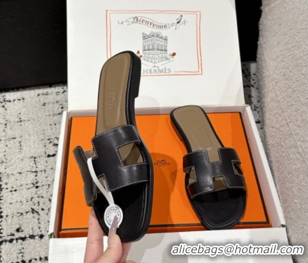 Durable Hermes Classic Oran Flat Slides Sandal in Shiny Calfskin Black 0606120