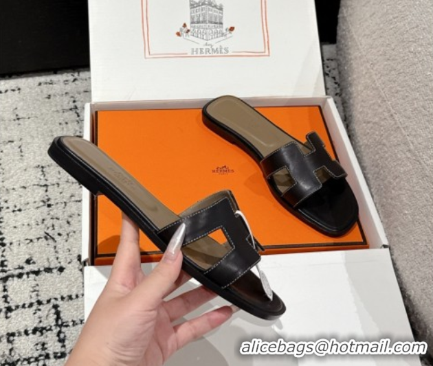 Durable Hermes Classic Oran Flat Slides Sandal in Shiny Calfskin Black 0606120