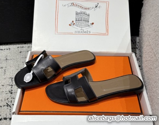 Durable Hermes Classic Oran Flat Slides Sandal in Shiny Calfskin Black 0606120