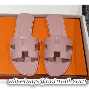 Pretty Style Hermes Classic Oran Flat Slides Sandal in Shiny Calfskin Pink 0606122
