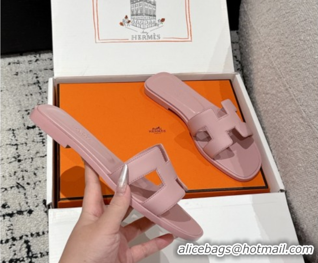 Pretty Style Hermes Classic Oran Flat Slides Sandal in Shiny Calfskin Pink 0606122