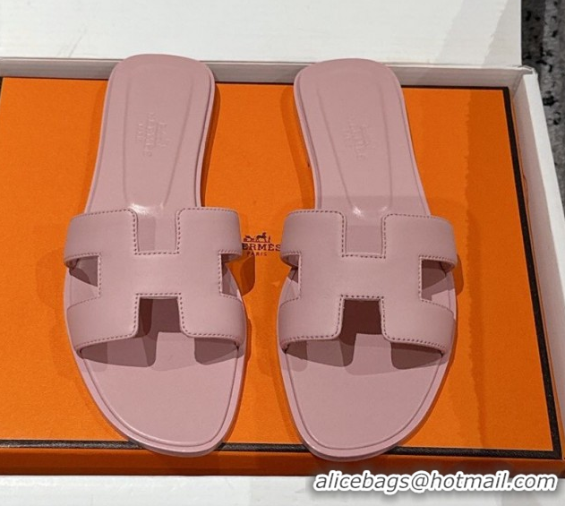 Pretty Style Hermes Classic Oran Flat Slides Sandal in Shiny Calfskin Pink 0606122