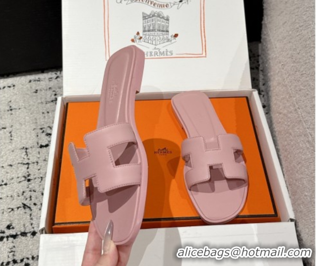 Pretty Style Hermes Classic Oran Flat Slides Sandal in Shiny Calfskin Pink 0606122