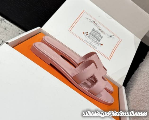 Pretty Style Hermes Classic Oran Flat Slides Sandal in Shiny Calfskin Pink 0606122