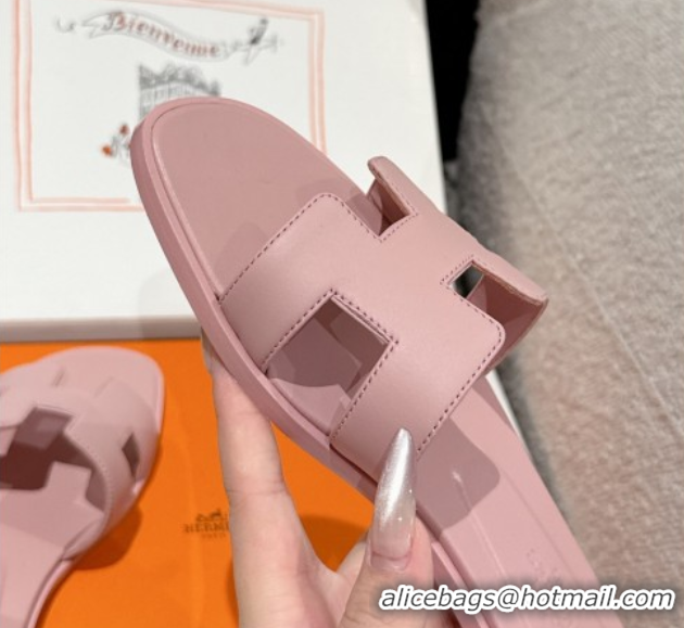Pretty Style Hermes Classic Oran Flat Slides Sandal in Shiny Calfskin Pink 0606122
