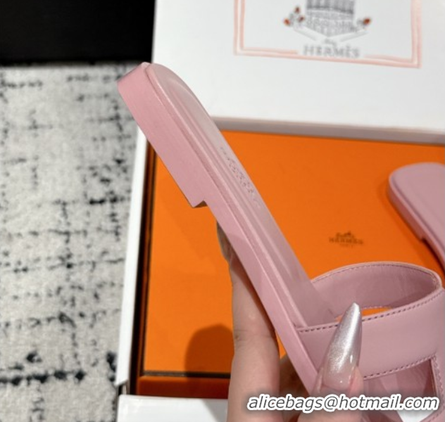 Pretty Style Hermes Classic Oran Flat Slides Sandal in Shiny Calfskin Pink 0606122