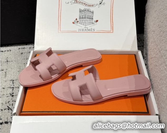 Pretty Style Hermes Classic Oran Flat Slides Sandal in Shiny Calfskin Pink 0606122