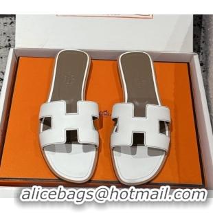 Grade Quality Hermes Classic Oran Flat Slides Sandal in Shiny Calfskin White 0606124