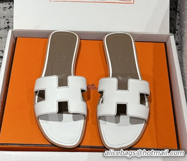 Grade Quality Hermes Classic Oran Flat Slides Sandal in Shiny Calfskin White 0606124