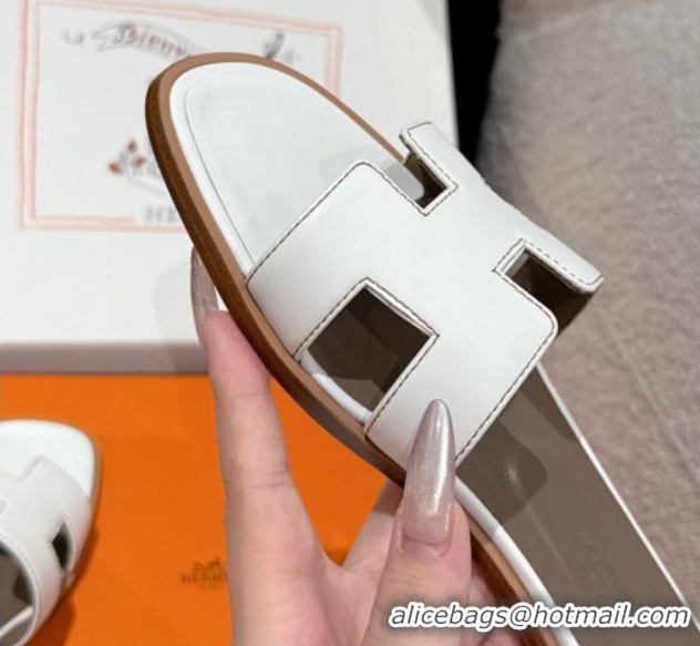 Grade Quality Hermes Classic Oran Flat Slides Sandal in Shiny Calfskin White 0606124