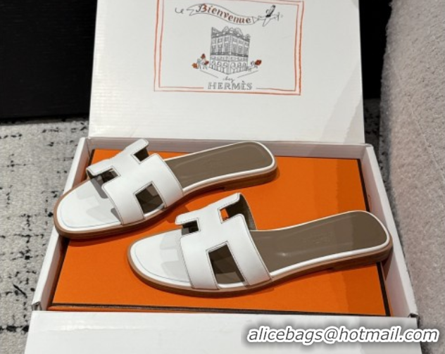 Grade Quality Hermes Classic Oran Flat Slides Sandal in Shiny Calfskin White 0606124