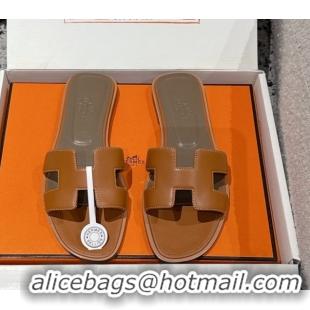 Good Product Hermes Classic Oran Flat Slides Sandal in Shiny Calfskin Brown 0606126