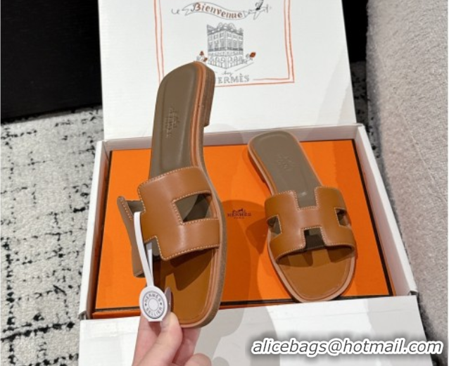 Good Product Hermes Classic Oran Flat Slides Sandal in Shiny Calfskin Brown 0606126
