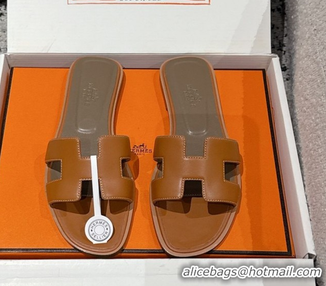 Good Product Hermes Classic Oran Flat Slides Sandal in Shiny Calfskin Brown 0606126