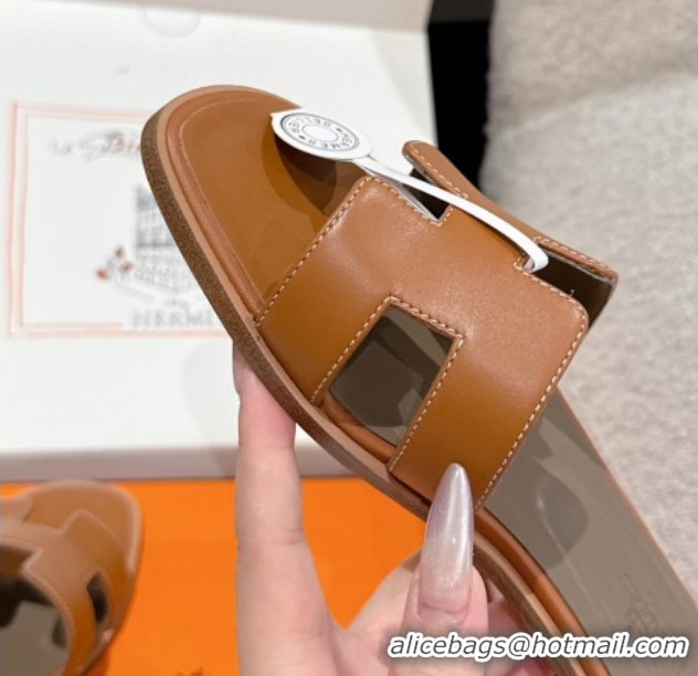 Good Product Hermes Classic Oran Flat Slides Sandal in Shiny Calfskin Brown 0606126