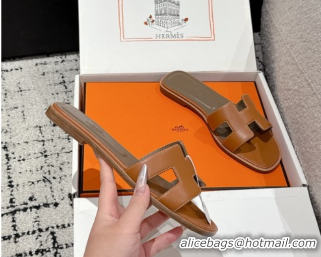 Good Product Hermes Classic Oran Flat Slides Sandal in Shiny Calfskin Brown 0606126
