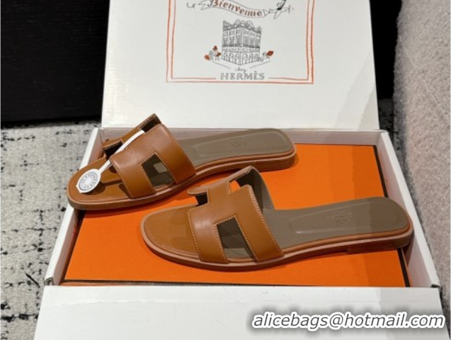 Good Product Hermes Classic Oran Flat Slides Sandal in Shiny Calfskin Brown 0606126