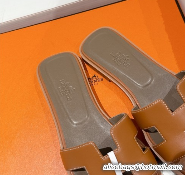 Good Product Hermes Classic Oran Flat Slides Sandal in Shiny Calfskin Brown 0606126