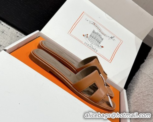 Good Product Hermes Classic Oran Flat Slides Sandal in Shiny Calfskin Brown 0606126