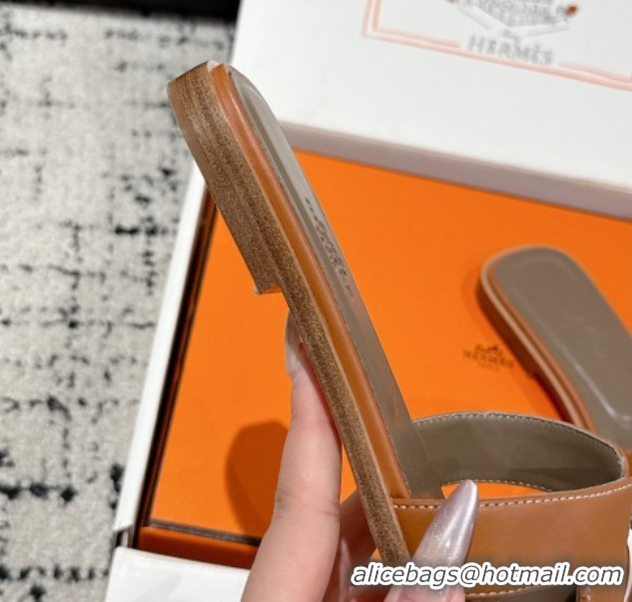 Good Product Hermes Classic Oran Flat Slides Sandal in Shiny Calfskin Brown 0606126