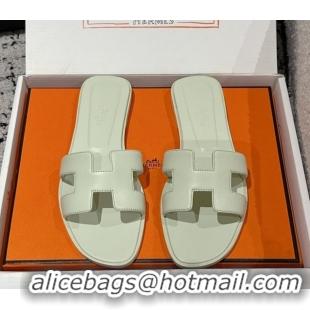 Low Cost Hermes Classic Oran Flat Slides Sandal in Shiny Calfskin Pale Green 0606128