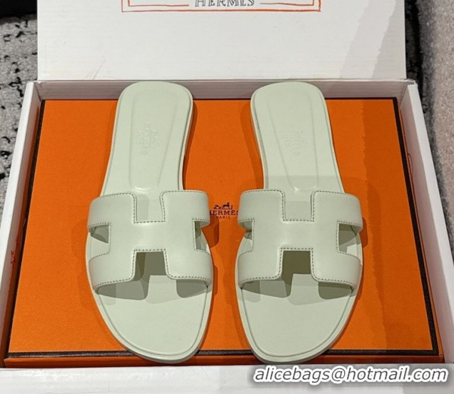 Low Cost Hermes Classic Oran Flat Slides Sandal in Shiny Calfskin Pale Green 0606128