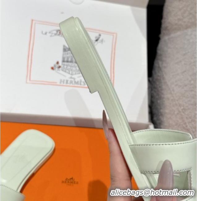 Low Cost Hermes Classic Oran Flat Slides Sandal in Shiny Calfskin Pale Green 0606128
