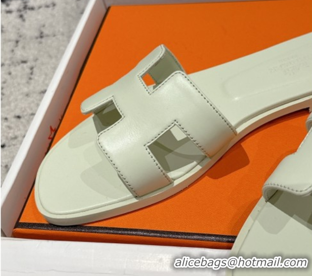 Low Cost Hermes Classic Oran Flat Slides Sandal in Shiny Calfskin Pale Green 0606128