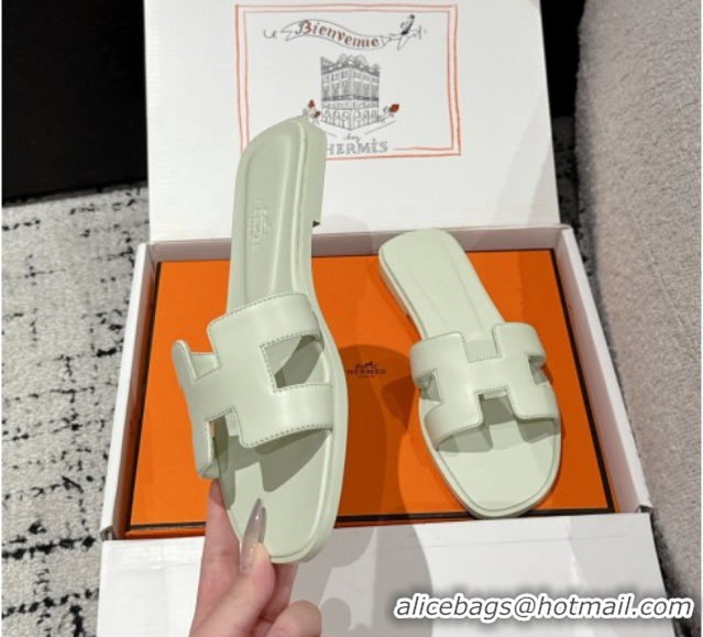 Low Cost Hermes Classic Oran Flat Slides Sandal in Shiny Calfskin Pale Green 0606128