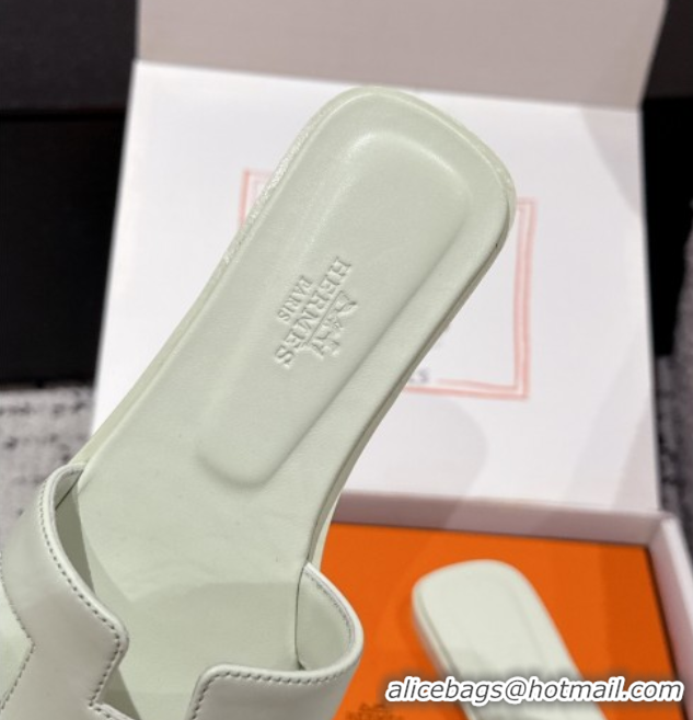 Low Cost Hermes Classic Oran Flat Slides Sandal in Shiny Calfskin Pale Green 0606128