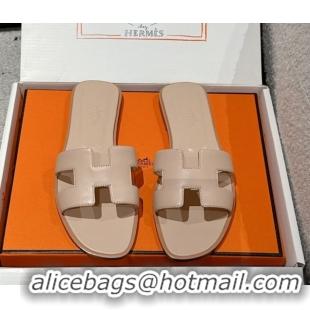 Good Quality Hermes Classic Oran Flat Slides Sandal in Shiny Calfskin Nude Pink 0606135