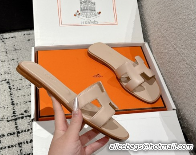 Good Quality Hermes Classic Oran Flat Slides Sandal in Shiny Calfskin Nude Pink 0606135