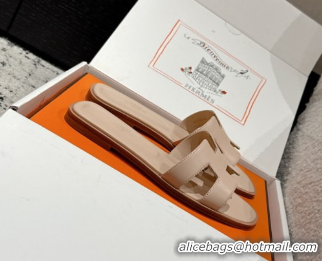 Good Quality Hermes Classic Oran Flat Slides Sandal in Shiny Calfskin Nude Pink 0606135