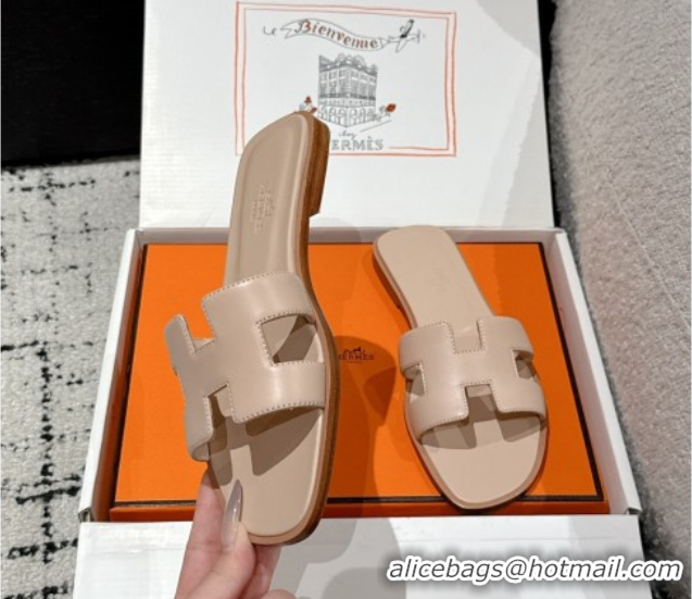 Good Quality Hermes Classic Oran Flat Slides Sandal in Shiny Calfskin Nude Pink 0606135