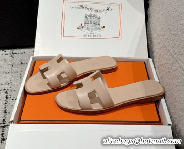 Good Quality Hermes Classic Oran Flat Slides Sandal in Shiny Calfskin Nude Pink 0606135