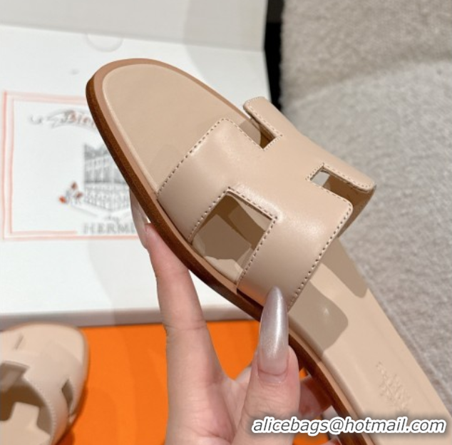 Good Quality Hermes Classic Oran Flat Slides Sandal in Shiny Calfskin Nude Pink 0606135