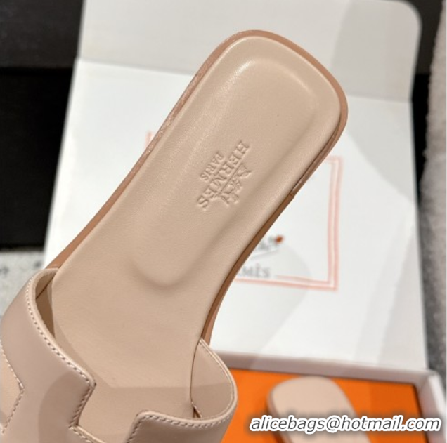 Good Quality Hermes Classic Oran Flat Slides Sandal in Shiny Calfskin Nude Pink 0606135