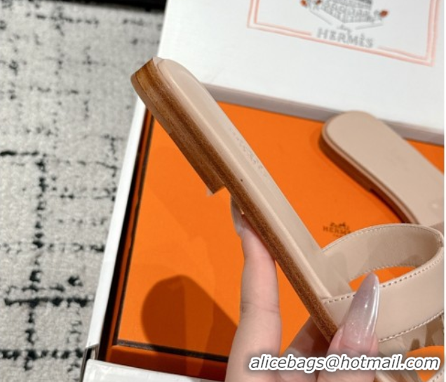Good Quality Hermes Classic Oran Flat Slides Sandal in Shiny Calfskin Nude Pink 0606135