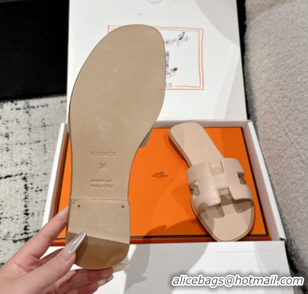 Good Quality Hermes Classic Oran Flat Slides Sandal in Shiny Calfskin Nude Pink 0606135