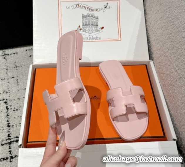 Best Product Hermes Classic Oran Flat Slides Sandal in Shiny Calfskin Pink 0606137