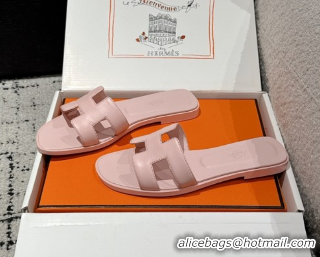 Best Product Hermes Classic Oran Flat Slides Sandal in Shiny Calfskin Pink 0606137