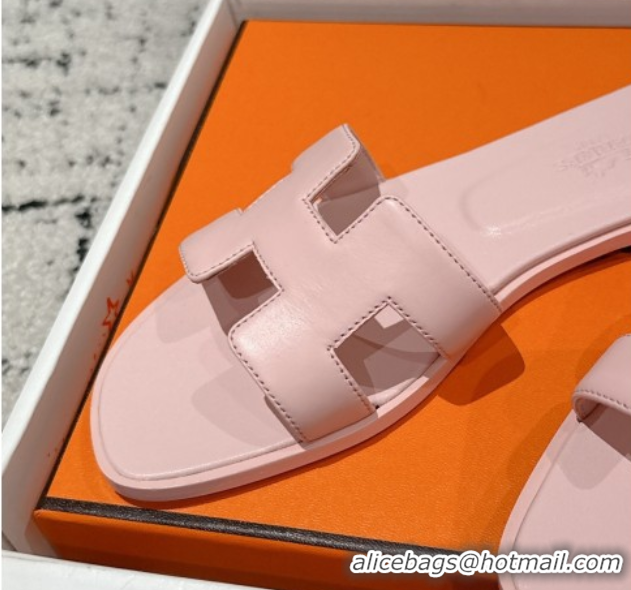 Best Product Hermes Classic Oran Flat Slides Sandal in Shiny Calfskin Pink 0606137