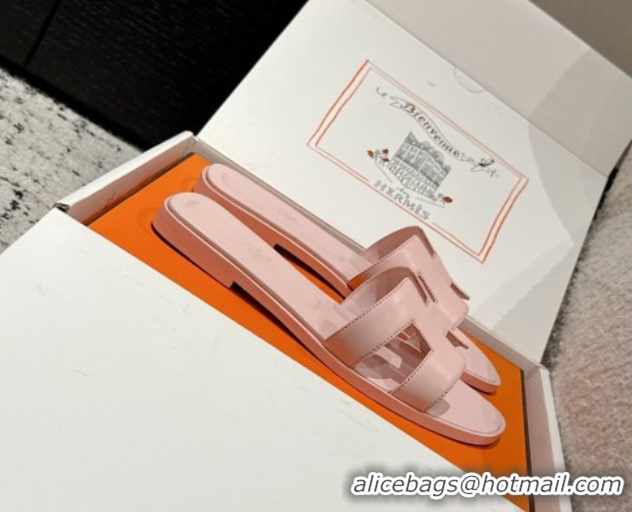 Best Product Hermes Classic Oran Flat Slides Sandal in Shiny Calfskin Pink 0606137